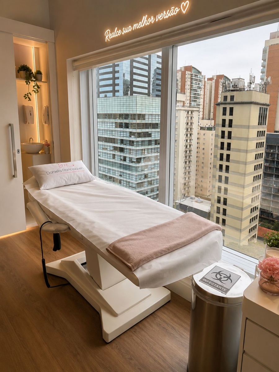 Sala de atendimento com maca ao lado de janela ampla com vista para São Paulo